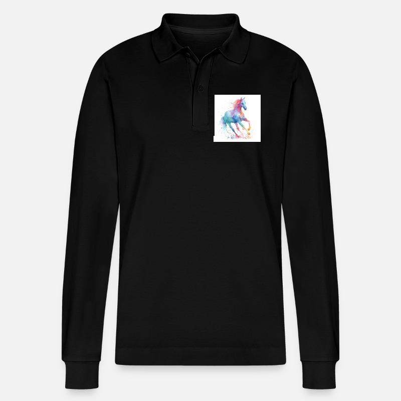 Regenbogen-Aquarellpferd - Stanley/Stella Unisex Bio-Langarm-Poloshirt Prepster - Schwarz