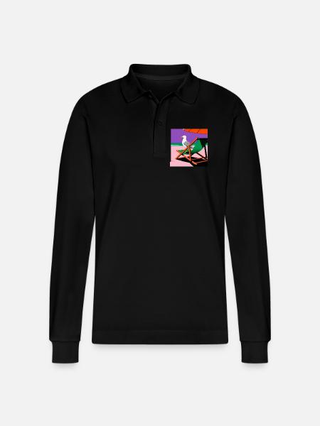 Bunter Strandstuhl und Möwe - Stanley/Stella Unisex Bio-Langarm-Poloshirt Prepster - Schwarz