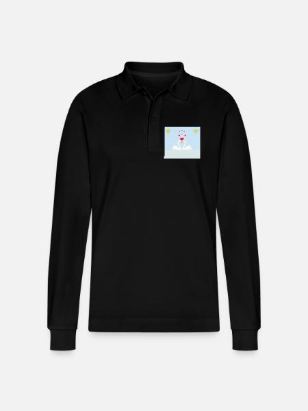 Two white love swans in the water and red hearts - Stanley/Stella Organic Unisex Long-Sleeved Polo Shirt Prepster - black