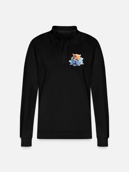 Kitten resting on blue succulents - Stanley/Stella Organic Unisex Long-Sleeved Polo Shirt Prepster - black
