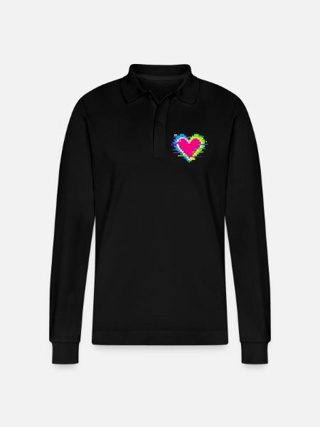 Pixelherz Neon Glitch Regenbogen - Stanley/Stella Unisex Bio-Langarm-Poloshirt Prepster - Schwarz