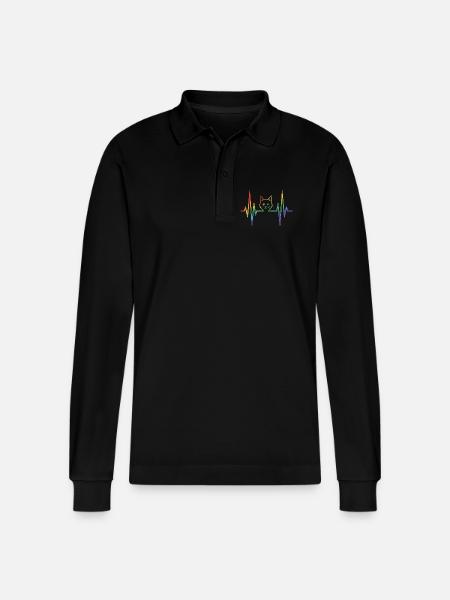 Rainbow cat with pulse heart line - Stanley/Stella Organic Unisex Long-Sleeved Polo Shirt Prepster - black
