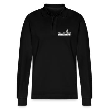 FOLLOW YOUR DREAMS - Stanley/Stella Organic Unisex Long-Sleeved Polo Shirt Prepster - black - Front - Anna (173cm) & Nico (186cm)