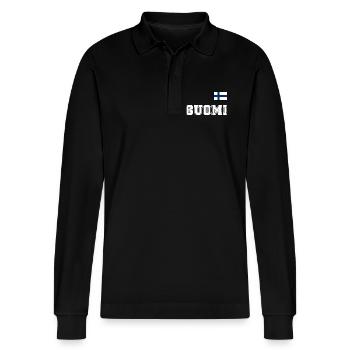 FINNLAND - SUOMI Trikot Look - Flagge auf Brust - Stanley/Stella Unisex Bio-Langarm-Poloshirt Prepster - Schwarz - Vorne - Anna (173cm) & Nico (186cm)