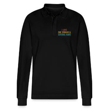 Eine Frau und viele Autos: Autohumor - Stanley/Stella Unisex Bio-Langarm-Poloshirt Prepster - Schwarz - Vorne - Anna (173cm) & Nico (186cm)