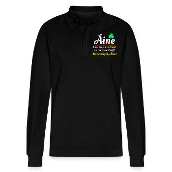 Drôle de nom de fille irlandaise : Áine - nom radieux - Polo à manches longues bio PREPSTER Stanley/Stella Unisexe - noir - Devant - Anna (173cm) & Nico (186cm)