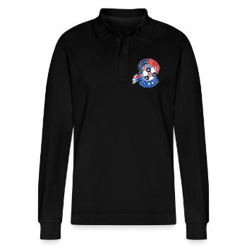 USA Soccer Fan 2026, Stars and Stripes Soccer Ball - Stanley/Stella Unisex Bio-Langarm-Poloshirt Prepster - Schwarz - Vorne - Anna (173cm) & Nico (186cm)