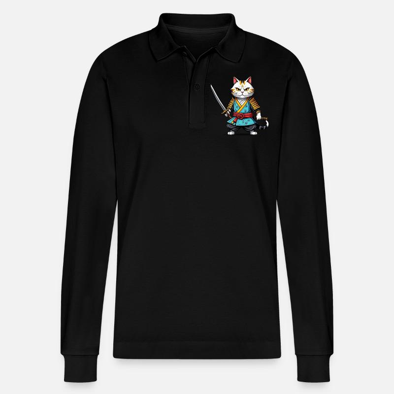 Samurai-Katze - Stanley/Stella Unisex Bio-Langarm-Poloshirt Prepster - Schwarz