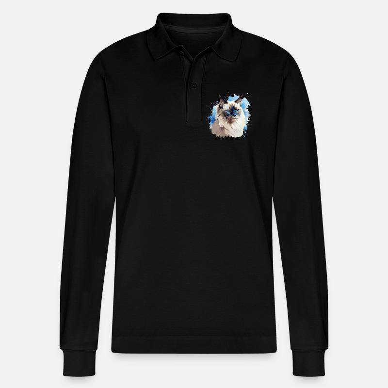 Katze Kopf Heilige Birma - Stanley/Stella Unisex Bio-Langarm-Poloshirt Prepster - Schwarz
