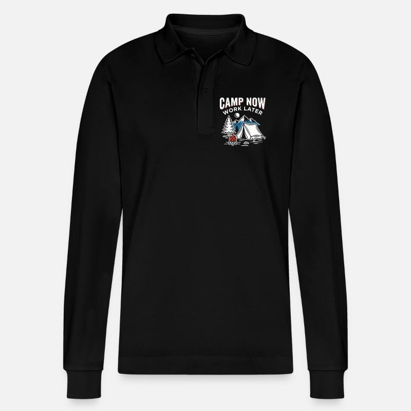 Jetzt Campen, Später Arbeiten - Stanley/Stella Unisex Bio-Langarm-Poloshirt Prepster - Schwarz