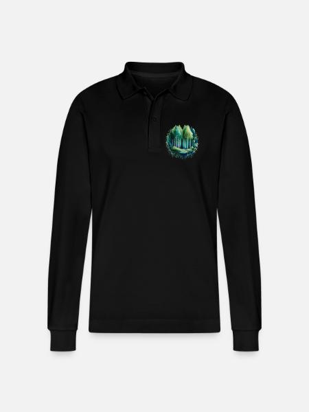 Wald Langbaum Naturmalerei-Druck - Stanley/Stella Unisex Bio-Langarm-Poloshirt Prepster - Schwarz