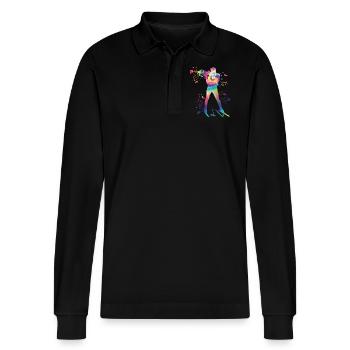 Biathlet Nordische Kombination Biathlon - Stanley/Stella Unisex Bio-Langarm-Poloshirt Prepster - Schwarz - Vorne - Anna (173cm) & Nico (186cm)