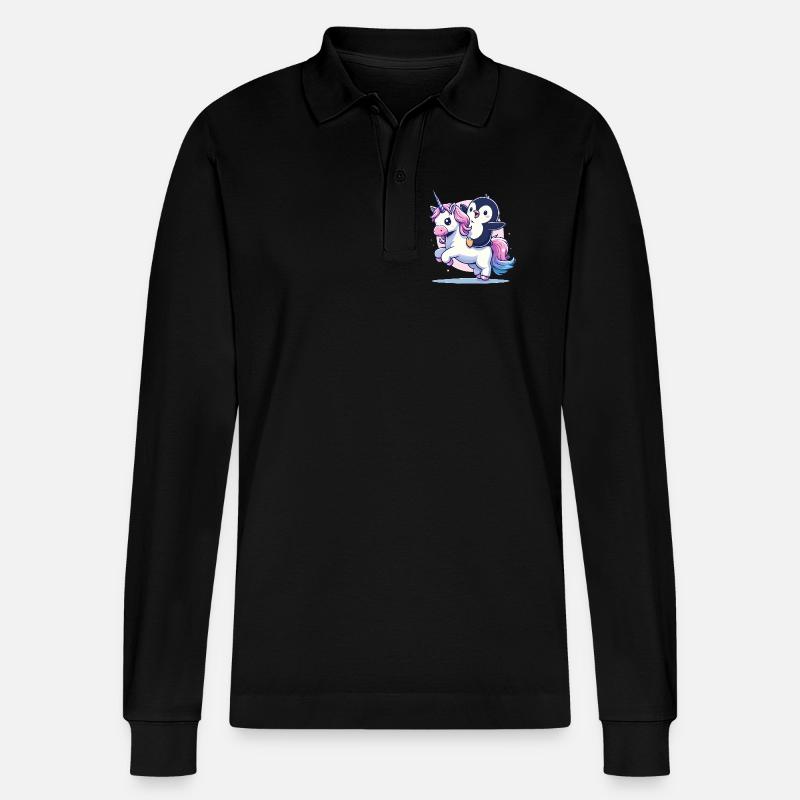 Pinguin reitet Einhorn - Stanley/Stella Unisex Bio-Langarm-Poloshirt Prepster - Schwarz