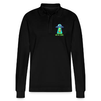 Get In Loser – lustiges Lama Alien UFO - Stanley/Stella Unisex Bio-Langarm-Poloshirt Prepster - Schwarz - Vorne - Anna (173cm) & Nico (186cm)