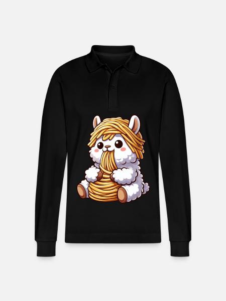 Funny Llama Spaghetti Italian Clumsy - Stanley/Stella Organic Unisex Long-Sleeved Polo Shirt Prepster - black