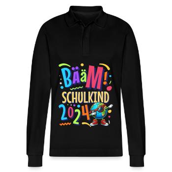 Bääm Schulkind 2024 - Stanley/Stella Unisex Bio-Langarm-Poloshirt Prepster - Schwarz - Vorne - Anna (173cm) & Nico (186cm)