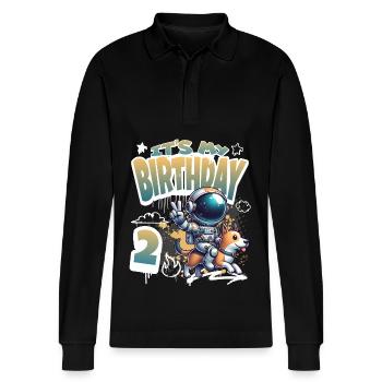 Astronaut 2. Geburtstag Weltall Hund Lustig - Stanley/Stella Unisex Bio-Langarm-Poloshirt Prepster - Schwarz - Vorne - Anna (173cm) & Nico (186cm)