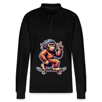 Neandertaler Skateboard Skater - Stanley/Stella Unisex Bio-Langarm-Poloshirt Prepster - Schwarz - Vorne - Anna (173cm) & Nico (186cm)