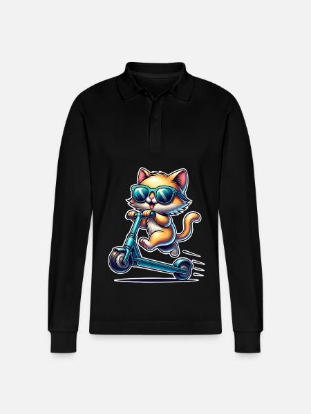 E-Scooter E-Scooter Cat Scooter - Stanley/Stella Organic Unisex Long-Sleeved Polo Shirt Prepster - black