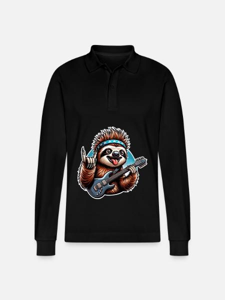 Sloth Rock and Roll Guitarist - Stanley/Stella Organic Unisex Long-Sleeved Polo Shirt Prepster - black