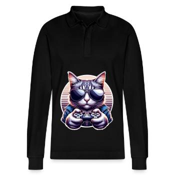 Katze Gamer Gaming Nerd - Stanley/Stella Unisex Bio-Langarm-Poloshirt Prepster - Schwarz - Vorne - Anna (173cm) & Nico (186cm)