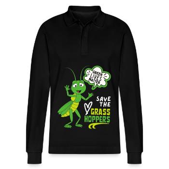 Comic Grashüpfer, lustiger Spruch Heuschrecke - Stanley/Stella Unisex Bio-Langarm-Poloshirt Prepster - Schwarz - Vorne - Anna (173cm) & Nico (186cm)