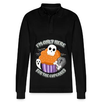 Halloween Cupcake with Skull and Coffin - Stanley/Stella Organic Unisex Long-Sleeved Polo Shirt Prepster - black - Front - Anna (173cm) & Nico (186cm)