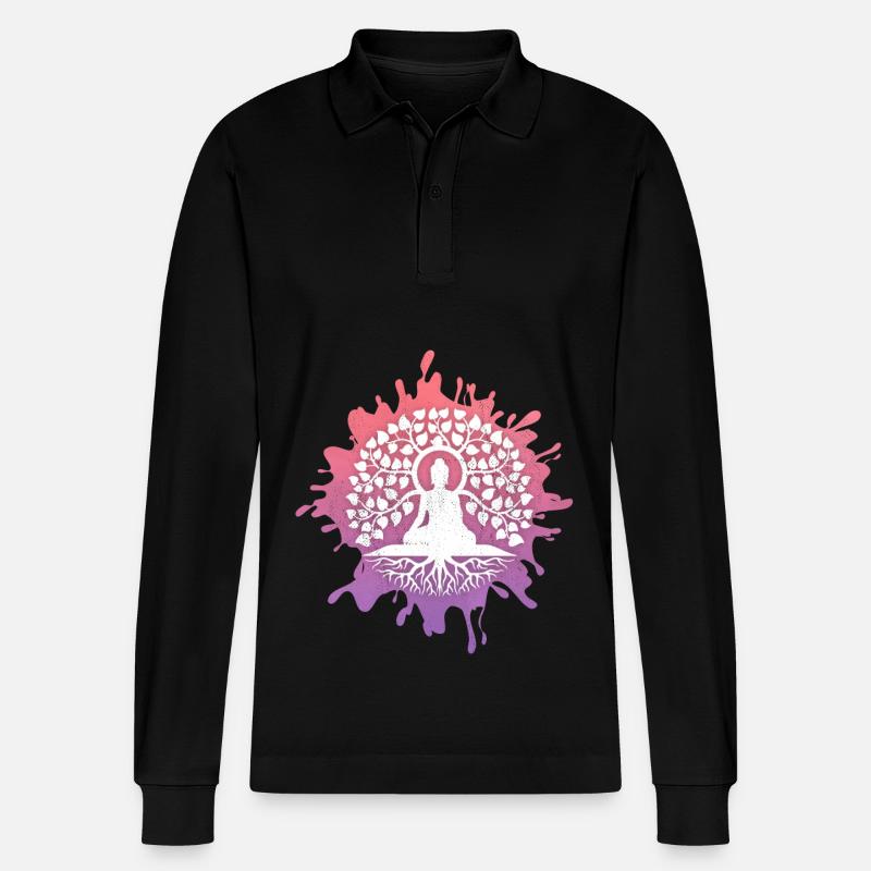 Yoga, Buddha mit Lebensbaum, Bodhi-Baum - Stanley/Stella Unisex Bio-Langarm-Poloshirt Prepster - Schwarz