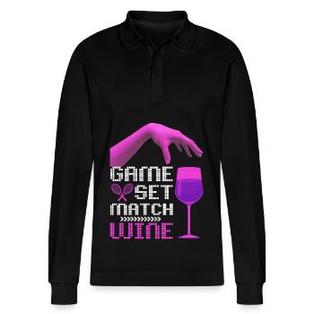 Tennis Quote Game Set Match, Wine Funny Quote - Stanley/Stella Organic Unisex Long-Sleeved Polo Shirt Prepster - black - Front - Anna (173cm) & Nico (186cm)