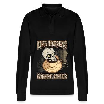 Kaffee Kaffeetrinker lustiger Spruch mit Totenkopf - Stanley/Stella Unisex Bio-Langarm-Poloshirt Prepster - Schwarz - Vorne - Anna (173cm) & Nico (186cm)