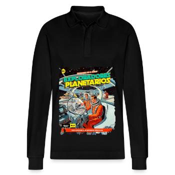 Comic, Comic Strip, 50s, Space Adventure - Stanley/Stella Organic Unisex Long-Sleeved Polo Shirt Prepster - black - Front - Anna (173cm) & Nico (186cm)