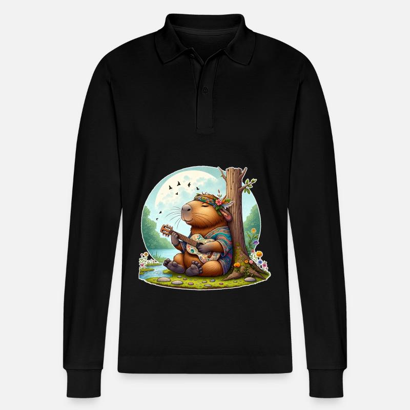 Capybara Guitar Hippie Peace - Stanley/Stella Organic Unisex Long-Sleeved Polo Shirt Prepster - black