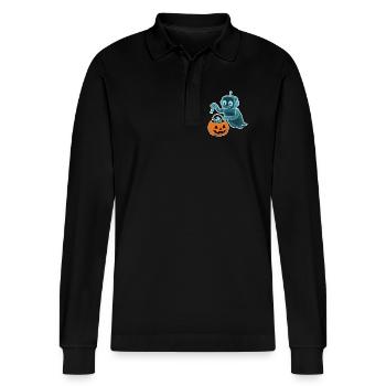 Spooky Minibot with Pumpkin Basket - Stanley/Stella Organic Unisex Long-Sleeved Polo Shirt Prepster - black - Front - Anna (173cm) & Nico (186cm)
