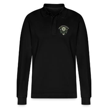 Radicalized By Basic Decency Quote Shirt Sticker - Stanley/Stella Organic Unisex Long-Sleeved Polo Shirt Prepster - black - Front - Anna (173cm) & Nico (186cm)