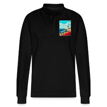 Portland Bill England Uk Reiseplakat Souvenir - Stanley/Stella Unisex Bio-Langarm-Poloshirt Prepster - Schwarz - Vorne - Anna (173cm) & Nico (186cm)