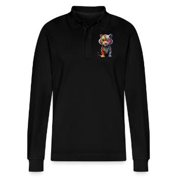 Funny Robot Art Tiger Cyborg Animal AI Tiger - Stanley/Stella Organic Unisex Long-Sleeved Polo Shirt Prepster - black - Front - Anna (173cm) & Nico (186cm)