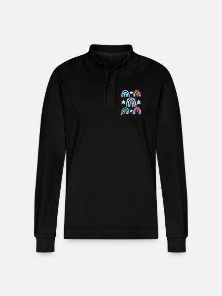 Glitter Rainbow Star Pattern - Stanley/Stella Organic Unisex Long-Sleeved Polo Shirt Prepster - black
