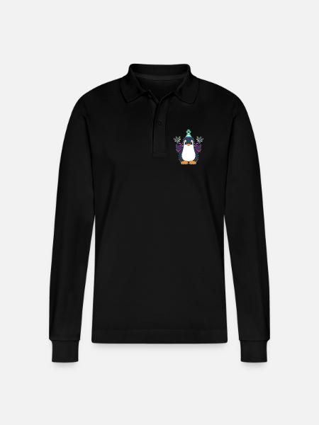 Penguin Birthday Confetti - Stanley/Stella Organic Unisex Long-Sleeved Polo Shirt Prepster - black