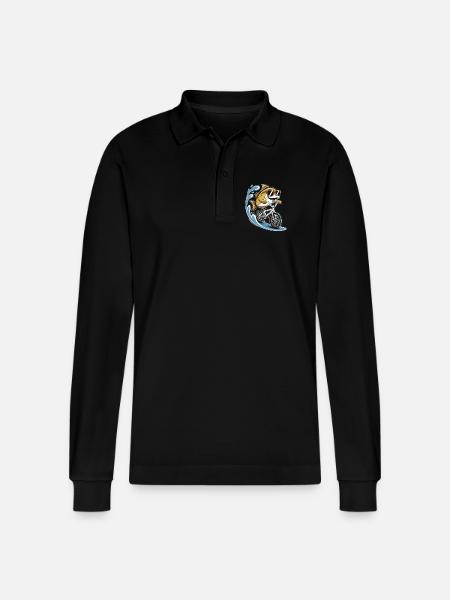 Fish with sunglasses on bicycle - Stanley/Stella Organic Unisex Long-Sleeved Polo Shirt Prepster - black