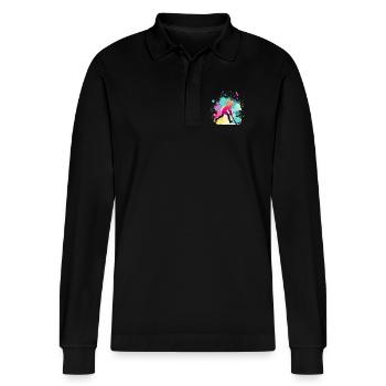 Field Hockey, Field Hockey Player, Hockey - Stanley/Stella Organic Unisex Long-Sleeved Polo Shirt Prepster - black - Front - Anna (173cm) & Nico (186cm)