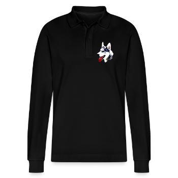 Husky head with red tongue - Stanley/Stella Organic Unisex Long-Sleeved Polo Shirt Prepster - black - Front - Anna (173cm) & Nico (186cm)