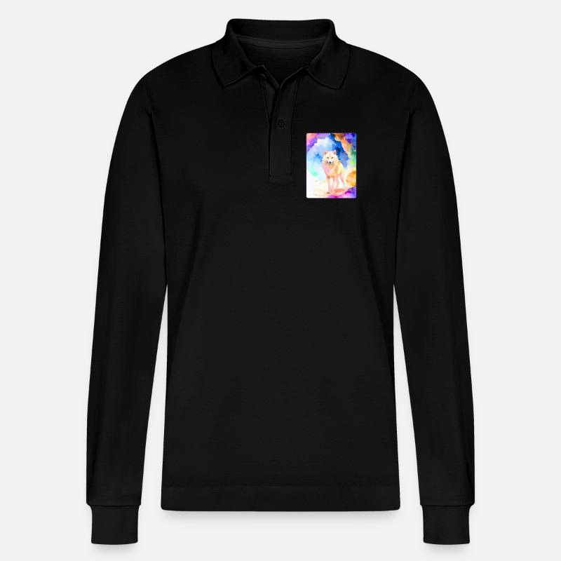 Weißer Wolf vor bunter Höhle - Stanley/Stella Unisex Bio-Langarm-Poloshirt Prepster - Schwarz