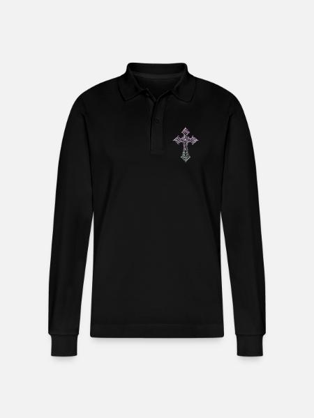 Iridescent Filigree Cross - Stanley/Stella Organic Unisex Long-Sleeved Polo Shirt Prepster - black