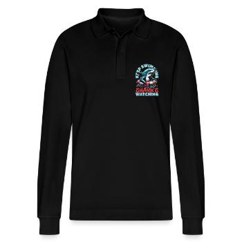 Shark Enthusiast Keep Swimming Shark's Marine Life - Stanley/Stella Unisex Bio-Langarm-Poloshirt Prepster - Schwarz - Vorne - Anna (173cm) & Nico (186cm)