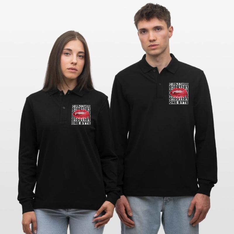 Bit Bytes Binary Computer Nerd, Vampire, Saying, Pun Stanley/Stella Organic Unisex Long-Sleeved Polo Shirt Prepster