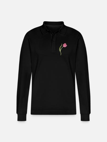 Elegant Pink Tulip Illustration - Stanley/Stella Organic Unisex Long-Sleeved Polo Shirt Prepster - black