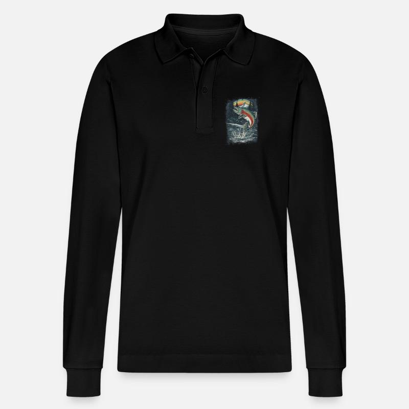 Springende Regenbogenforelle – Retro Anglermotiv - Stanley/Stella Unisex Bio-Langarm-Poloshirt Prepster - Schwarz