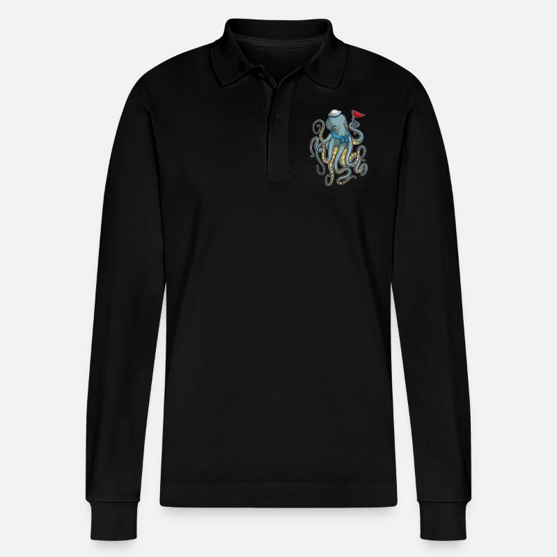 Krake Seemann Fahne - Stanley/Stella Unisex Bio-Langarm-Poloshirt Prepster - Schwarz