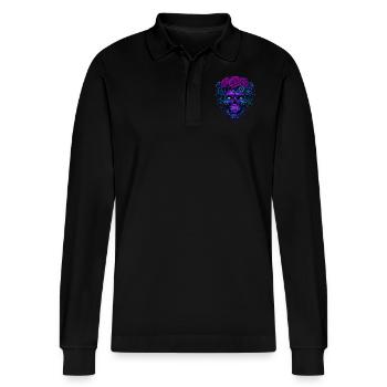 Neon Kybernetisch Schädel mit rosa Zahnrädern - Stanley/Stella Unisex Bio-Langarm-Poloshirt Prepster - Schwarz - Vorne - Anna (173cm) & Nico (186cm)