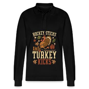 Puck Thanksgiving Contest - Stanley/Stella Organic Unisex Long-Sleeved Polo Shirt Prepster - black - Front - Anna (173cm) & Nico (186cm)
